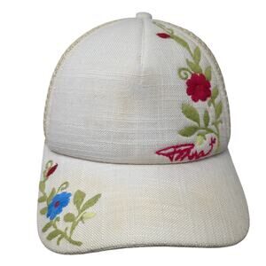 Prana Snapback Trucker Hat Beige OS Adjustable Embroidered Floral Mesh Back
